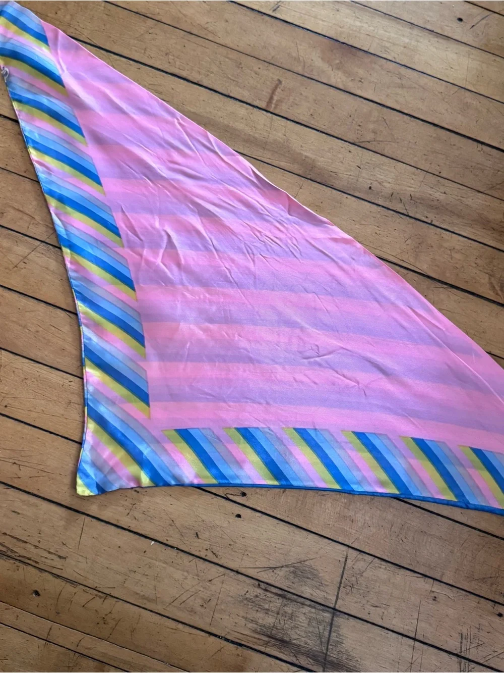 Vintage Scarf Acetate triangle striped pastel pink blue purple yellow Made Japan